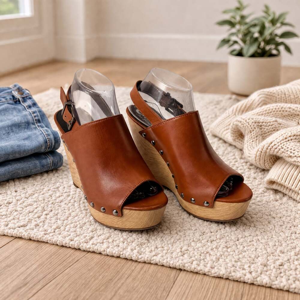 Circus by Sam Edelman Brown Leather Wood Platform Wedge Sandals